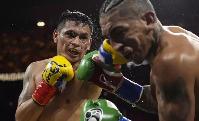 Fabian Maidana lands a left to Mario Barrios in a welterweight title fight Saturday, May 4, 2024, in Las Vegas. (AP Photo/John Locher)