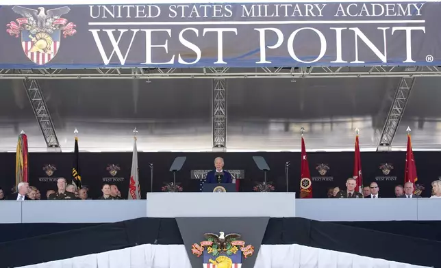 President Joe Biden speaks to graduating cadets at the U.S. Military Academy commencement ceremony, Saturday, May 25, 2024, in West Point, N.Y. (AP Photo/Alex Brandon)