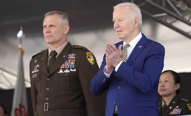 President Joe Biden, right, and Lt. General Steven W. Gilland, Superintendent of the U.S. Military Academy, attend the U.S. Military Academy commencement ceremony, Saturday, May 25, 2024, in West Point, N.Y. (AP Photo/Alex Brandon)