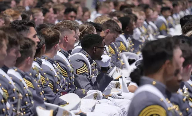 Graduating cadets listen while seated at the U.S. Military Academy commencement ceremony, Saturday, May 25, 2024, in West Point, N.Y. (AP Photo/Alex Brandon)