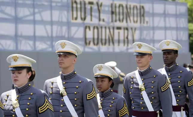 Graduating cadets wait to receive diplomas at the U.S. Military Academy commencement ceremony, Saturday, May 25, 2024, in West Point, N.Y. (AP Photo/Alex Brandon)