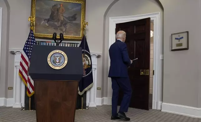 President Joe Biden departs after delivering remarks about student protests over the war in Gaza, from the Roosevelt Room of the White House, Thursday, May 2, 2024, in Washington. (AP Photo/Evan Vucci)
