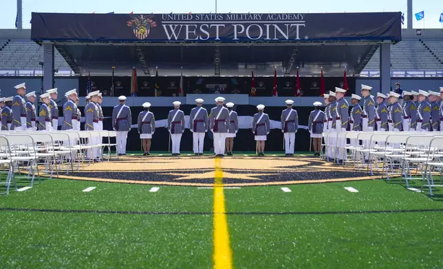 Graduating cadets arriving at the commencement ceremonies at the U.S. Military Academy ahead of President Joe Biden's arrival, Saturday, May 25, 2024, in West Point, N.Y. (AP Photo/Alex Brandon)