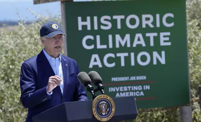 FILE - President Joe Biden speaks at the Lucy Evans Baylands Nature Interpretive Center and Preserve in Palo Alto, Calif., June 19, 2023. Biden talked about climate change, clean energy jobs and protecting the environment. (AP Photo/Susan Walsh, File)