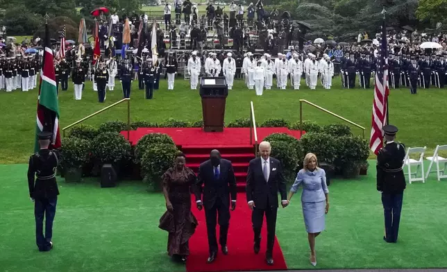 President Joe Biden, first lady Jill Biden, Kenya's President William Ruto and his wife first lady Rachel Ruto participate in a State Arrival Ceremony on the South Lawn of the White House Thursday, May 23, 2024, in Washington. (AP Photo/Evan Vucci)