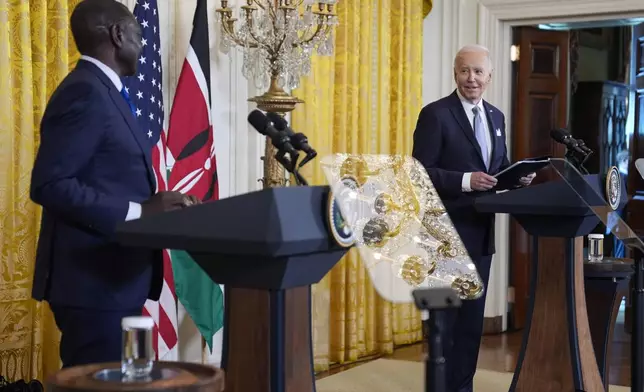 President Joe Biden and Kenya's President William Ruto hold a news conference n the East Room of the White House, Thursday, May 23, 2024, in Washington. (AP Photo/Evan Vucci)