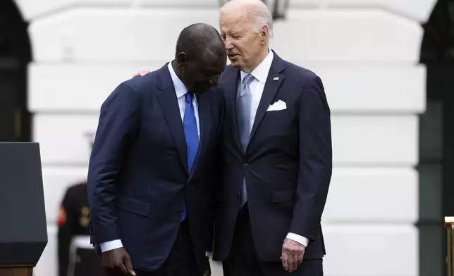 President Joe Biden and Kenya's President William Ruto talk during a State Arrival Ceremony on the South Lawn of the White House in Washington, Thursday, May 23, 2024. (AP Photo/Susan Walsh)
