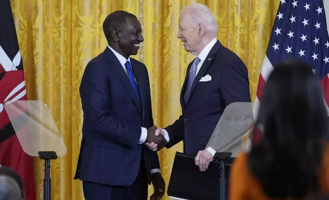 President Joe Biden and Kenya's President William Ruto shake hands following a news conference in the East Room of the White House in Washington, Thursday, May 23, 2024. (AP Photo/Susan Walsh)