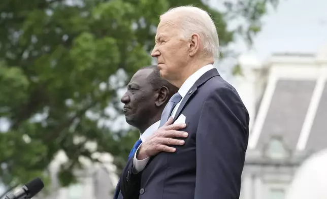 President Joe Biden, right, and Kenya's President William Ruto, attend an Arrival Ceremony as part of Kenya's state visit, Thursday, May 23, 2024, on the South Lawn of the White House in Washington. (AP Photo/Jacquelyn Martin)