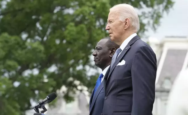 President Joe Biden, right, and Kenya's President William Ruto, attend an Arrival Ceremony as part of Kenya's state visit, Thursday, May 23, 2024, on the South Lawn of the White House in Washington. (AP Photo/Jacquelyn Martin)