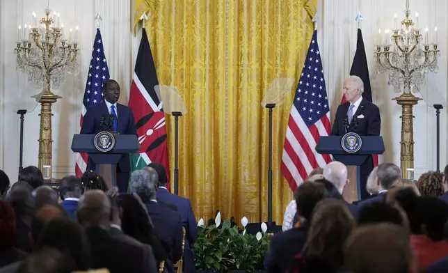 President Joe Biden and Kenya's President William Ruto hold a news conference in the East Room of the White House in Washington, Thursday, May 23, 2024. (AP Photo/Susan Walsh)