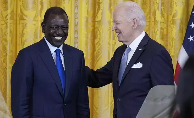 President Joe Biden and Kenya's President William Ruto talk following a news conference in the East Room of the White House in Washington, Thursday, May 23, 2024. (AP Photo/Susan Walsh)
