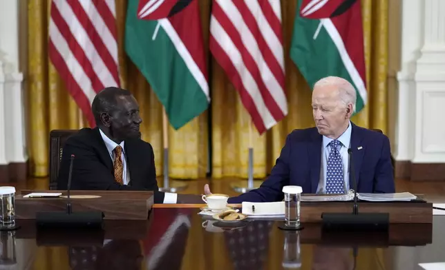 President Joe Biden and Kenya's President William Ruto shake hands as they meet with business leaders in the East Room of the White House in Washington, Wednesday, May 22, 2024. (AP Photo/Susan Walsh)