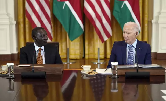 President Joe Biden and Kenya's President William Ruto meet with business leaders in the East Room of the White House in Washington, Wednesday, May 22, 2024. (AP Photo/Susan Walsh)