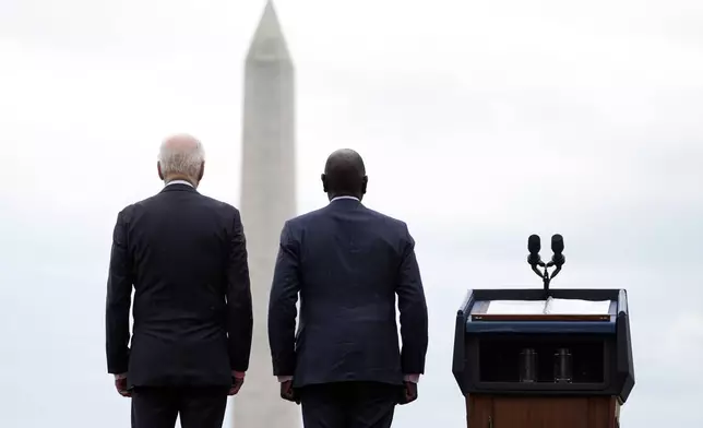 President Joe Biden and Kenya's President William Ruto participate in a State Arrival Ceremony on the South Lawn of the White House, Thursday, May 23, 2024, in Washington, with the Washington Monument in the background. (AP Photo/Evan Vucci)