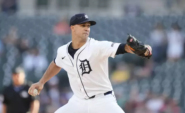 Detroit Tigers starting pitcher Jack Flaherty throws during the first inning of a baseball game against the Toronto Blue Jays, Thursday, May 23, 2024, in Detroit. (AP Photo/Carlos Osorio)
