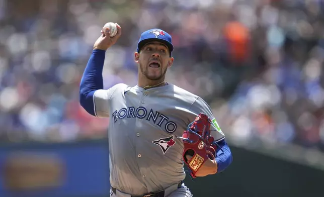 Toronto Blue Jays pitcher José Berríos throws against the Detroit Tigers in the first inning of a baseball game, Saturday, May 25, 2024, in Detroit. (AP Photo/Paul Sancya)