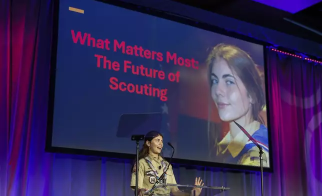 Selby Chipman, 20-year-old, speaks to the Boys Scouts of America annual meeting in Orlando, Fla., Tuesday, May 7, 2024. Chipman, a student at the University of Missouri, is an inaugural female Eagle Scout and the Assistant Scoutmaster for an all girls troop 8219 in Oak Ridge, N.C. The Boy Scouts of America is changing its name for the first time in its 114-year history and will become Scouting America. (AP Photo/Kevin Kolczynski)