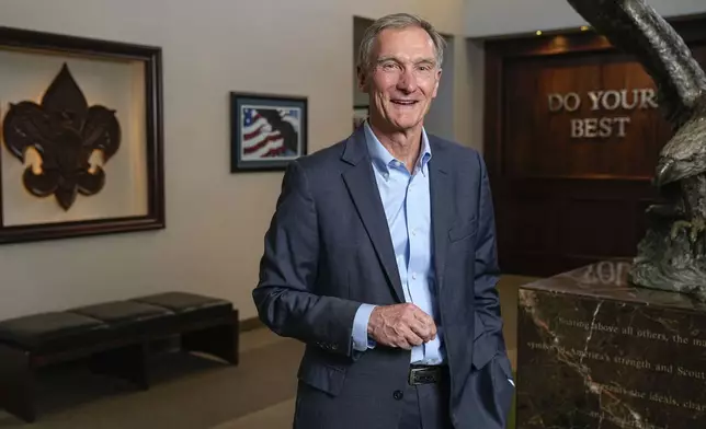 Roger Krone, president and chief executive officer of the Boy Scouts of America, poses at the organizations headquarters in Irving, Texas, Monday, April 29, 2024. The Boy Scouts of America is changing its name for the first time in its 114-year history and will become Scouting America. It's a significant shift as the organization emerges from bankruptcy following a flood of sexual abuse claims and seeks to focus on inclusion. (AP Photo/Tony Gutierrez)