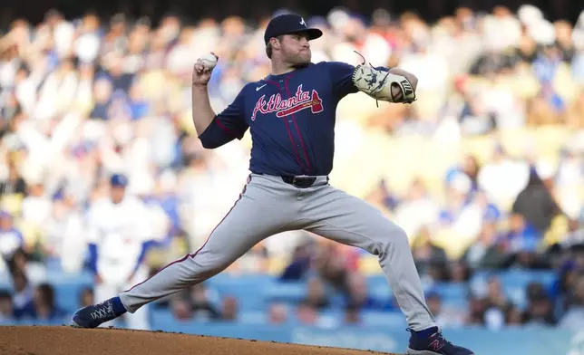 Atlanta Braves starting pitcher Bryce Elder throws during the first inning of a baseball game against the Los Angeles Dodgers in Los Angeles, Saturday, May 4, 2024. (AP Photo/Ashley Landis)