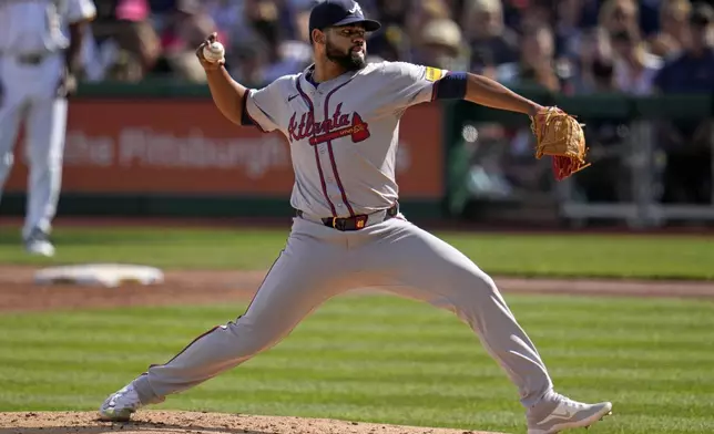 Atlanta Braves starting pitcher Reynaldo López delivers during the second inning of a baseball game against the Pittsburgh Pirates in Pittsburgh, Saturday, May 25, 2024. (AP Photo/Gene J. Puskar)