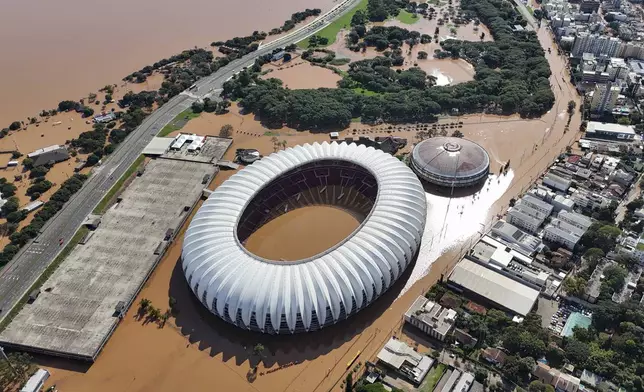 Beira Rio stadium is flooded after heavy rain in Porto Alegre, Rio Grande do Sul state, Brazil, Tuesday, May 7, 2024. (AP Photo/Carlos Macedo)