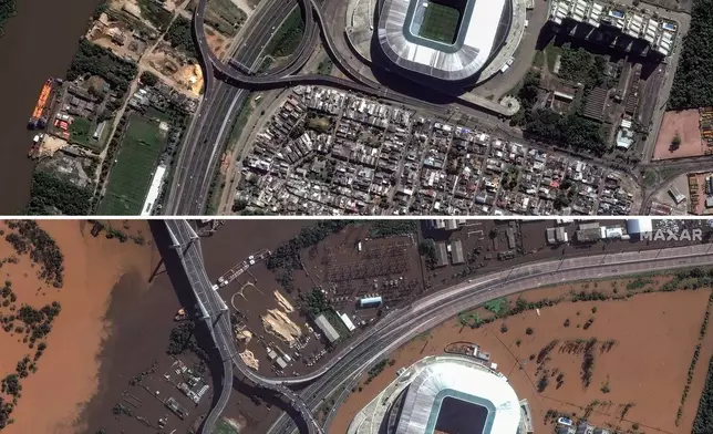 This combination of images released by Maxar Technologies shows the before and after views of flooding of areas around Gremio Arena, Porto Alegre, Brazil, May 7, 2024. (Satellite image ©2024 Maxar Technologies via AP)