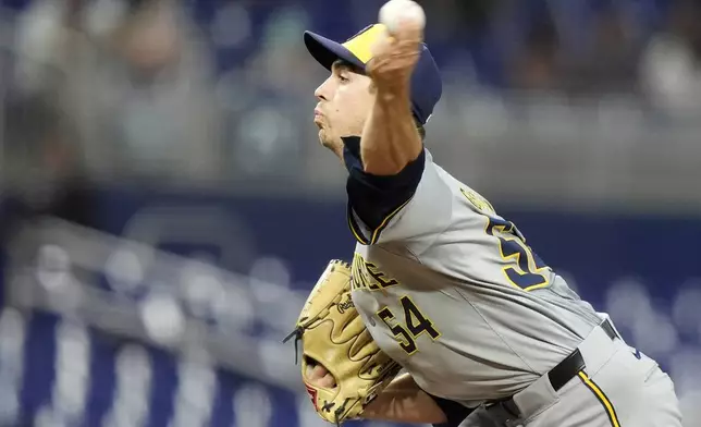 Milwaukee Brewers starting pitcher Robert Gasser (54) throws during the third inning of a baseball game against the Miami Marlins, Tuesday, May 21, 2024, in Miami. (AP Photo/Lynne Sladky)