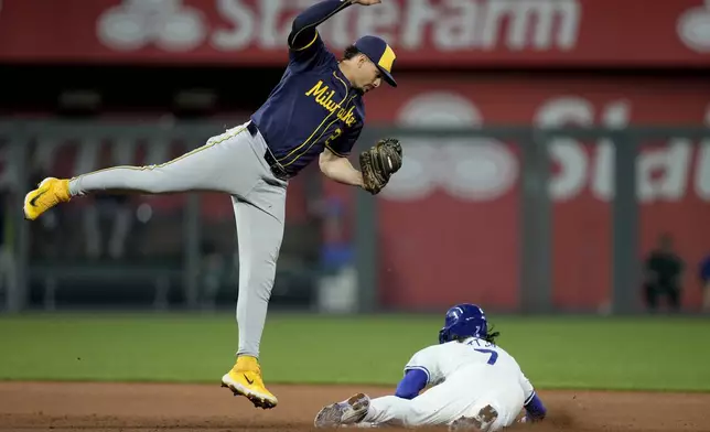 Kansas City Royals' Bobby Witt Jr. (7) beats the tag by Milwaukee Brewers shortstop Willy Adames to steal second during the seventh inning of a baseball game Tuesday, May 7, 2024, in Kansas City, Mo. (AP Photo/Charlie Riedel)