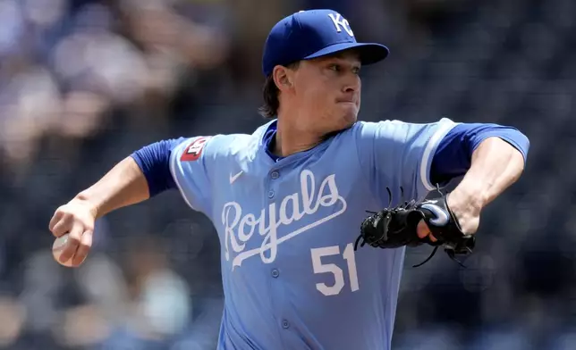 Kansas City Royals starting pitcher Brady Singer throws during the first inning of a baseball game against the Milwaukee Brewers Wednesday, May 8, 2024, in Kansas City, Mo. (AP Photo/Charlie Riedel)