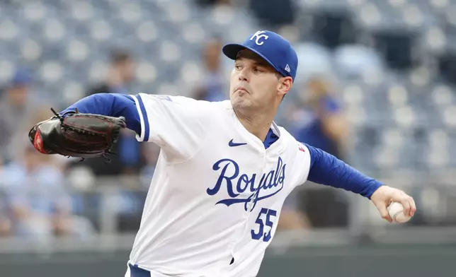 Kansas City Royals pitcher Cole Ragans delivers to a Milwaukee Brewers batter during the first inning of a baseball game in Kansas City, Mo., Monday, May 6, 2024. (AP Photo/Colin E. Braley)