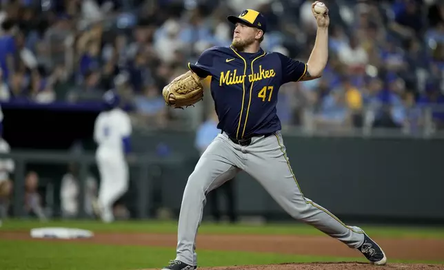 Milwaukee Brewers pitcher Jared Koenig throws during the seventh inning of a baseball game against the Kansas City Royals Tuesday, May 7, 2024, in Kansas City, Mo. (AP Photo/Charlie Riedel)