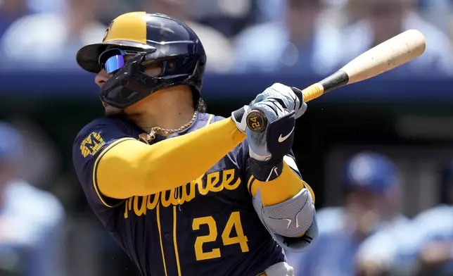 Milwaukee Brewers' William Contreras hits an RBI double during the first inning of a baseball game against the Kansas City Royals Wednesday, May 8, 2024, in Kansas City, Mo. (AP Photo/Charlie Riedel)