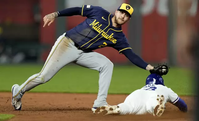 Kansas City Royals' Kyle Isbel is caught stealing second by Milwaukee Brewers second baseman Brice Turang during the ninth inning of a baseball game Tuesday, May 7, 2024, in Kansas City, Mo. The Brewers won 6-5. (AP Photo/Charlie Riedel)