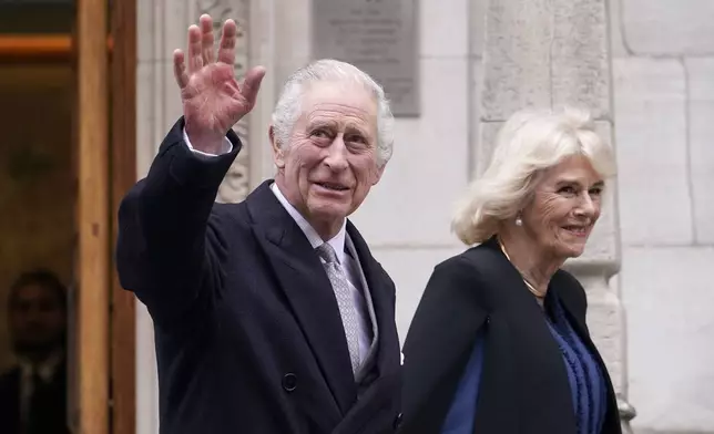 FILE - Britain's King Charles III and Queen Camilla leave The London Clinic in central London, Monday, Jan. 29, 2024. King Charles III’s decision to be open about his cancer diagnosis has helped the new monarch connect with the people of Britain and strengthened the monarchy in the year since his dazzling coronation at Westminster Abbey. (AP Photo/Alberto Pezzali), File)