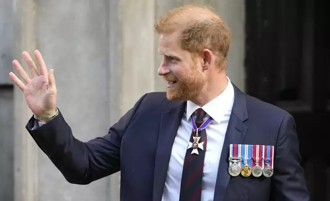 Britain's Prince Harry leaves after attending an Invictus Games Foundation 10th Anniversary Service of Thanksgiving at St Paul's Cathedral in London, Wednesday, May 8, 2024. (AP Photo/Kirsty Wigglesworth)