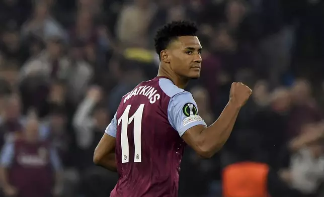 Aston Villa's Ollie Watkins celebrates after scoring his side's first goal during the Europa Conference League semifinal, first leg, soccer match between Aston Villa and Olympiacos at Villa Park in Birmingham, England, Thursday, May 2, 2024. (AP Photo/Rui Vieira)