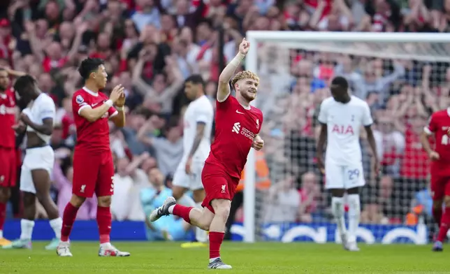 Liverpool's Harvey Elliottcelebrates scoring his side's 4th goal during the English Premier League soccer match between Liverpool and Tottenham Hotspur at Anfield Stadium in Liverpool, England, Sunday, May 5, 2024. (AP Photo/Jon Super)