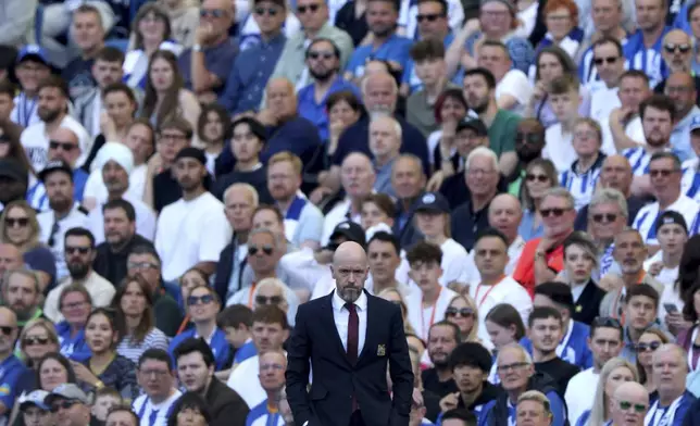 Manchester United manager Erik ten Hag looks on, during the English Premier League soccer match between Brighton &amp; Hove Albion and Manchester United, at the Amex Stadium, in Brighton and Hove, England, Sunday, May 19, 2024. (Steven Paston/PA via AP)