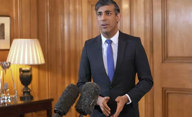 British Prime Minister Rishi Sunak issues a statement after British and US forces struck Houthi targets in Yemen, at 10 Downing Street, London, Friday May 31, 2024. The U.S. and Britain struck 13 Houthi targets in several locations in Yemen on Thursday in response to a recent surge in attacks by the Iran-backed militia group on ships in the Red Sea and Gulf of Aden over the Israel-Hamas war. (Yui Mok/Pool Photo via AP)