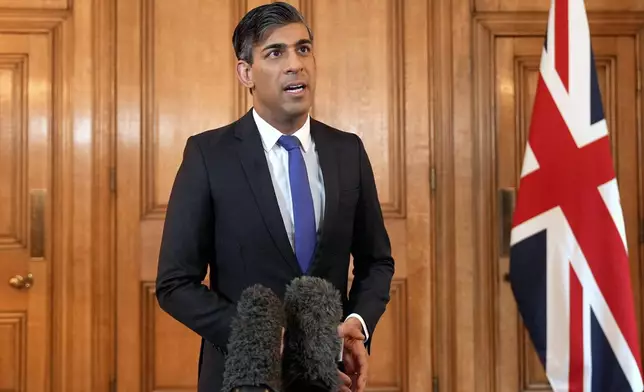 British Prime Minister Rishi Sunak issues a statement after British and US forces struck Houthi targets in Yemen, at 10 Downing Street, London, Friday May 31, 2024. The U.S. and Britain struck 13 Houthi targets in several locations in Yemen on Thursday in response to a recent surge in attacks by the Iran-backed militia group on ships in the Red Sea and Gulf of Aden over the Israel-Hamas war. (Yui Mok/Pool Photo via AP)