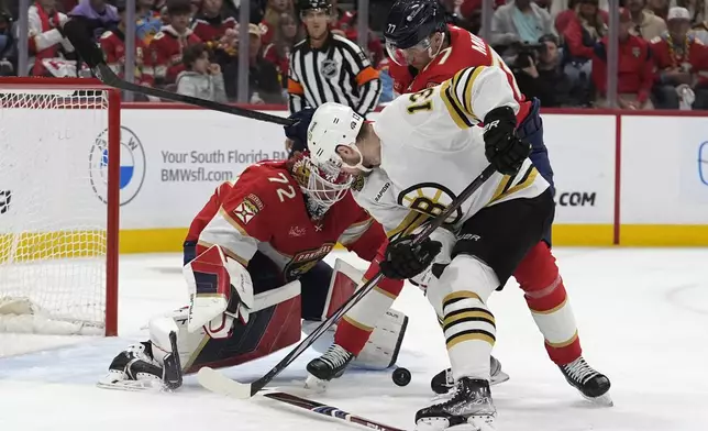 Florida Panthers goaltender Sergei Bobrovsky (72) defends against Boston Bruins center Charlie Coyle (13) during the first period of Game 2 of a second-round series of the NHL hockey Stanley Cup playoffs Wednesday, May 8, 2024, in Sunrise, Fla. (AP Photo/Lynne Sladky)