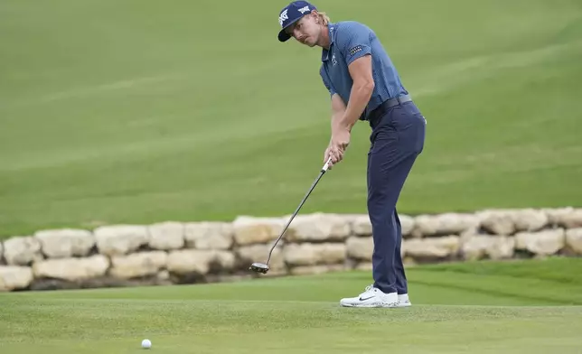 Jake Knapp putts on the 18th hole during the second round of the Byron Nelson golf tournament in McKinney, Texas, Friday, May 3, 2024. (AP Photo/LM Otero)