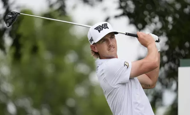 Jake Knapp hits a tee shot on the second hole during the final round of the Byron Nelson golf tournament in McKinney, Texas, Sunday, May 5, 2024. (AP Photo/LM Otero)