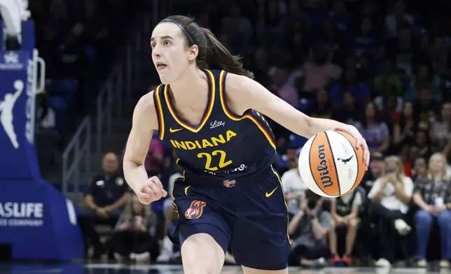 CORRECTS FROM CAITLYN TO CAITLIN - Indiana Fever guard Caitlin Clark looks to shoot against the Dallas Wings during the first half of an WNBA basketball game in Arlington, Texas, Friday, May 3, 2024. (AP Photo/Michael Ainsworth)