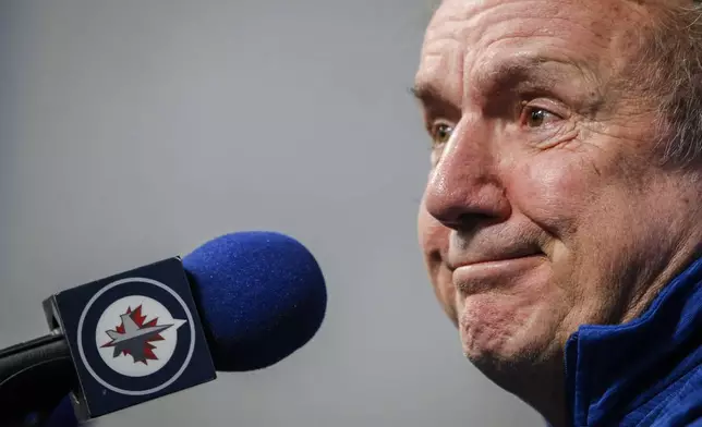 Winnipeg Jets head coach Rick Bowness speaks to media during an NHL hockey end of season availability in Winnipeg, Thursday, May 2, 2024. (John Woods/The Canadian Press via AP)