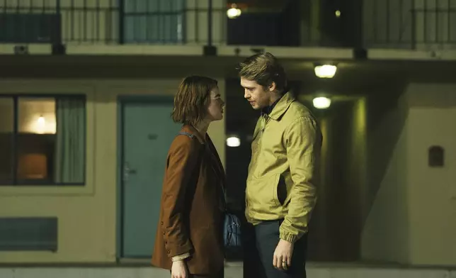 This image released by Searchlight Pictures shows Emma Stone, left, and Joe Alwyn in a scene from "Kinds of Kindness." The film is set to world premiere at the 77th Cannes Film Festival. (Atsushi Nishijima/Searchlight Pictures via AP)