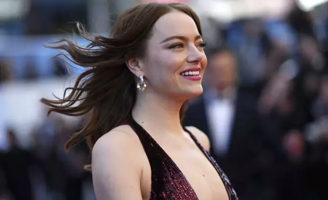 Emma Stone poses for photographers upon arrival at the premiere of the film 'Kinds of Kindness' at the 77th international film festival, Cannes, southern France, Friday, May 17, 2024. (Photo by Scott A Garfitt/Invision/AP)