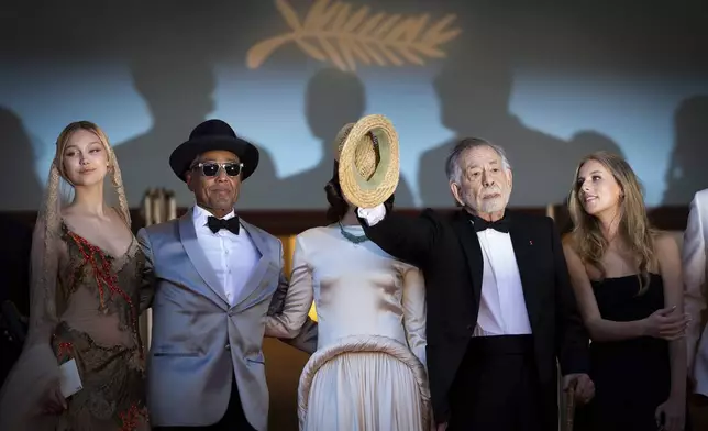 Grace VanderWaal, from left, Giancarlo Esposito, Aubrey Plaza, director Francis Ford Coppola, and Romy Mars pose for photographers upon arrival at the premiere of the film 'Megalopolis' at the 77th international film festival, Cannes, southern France, Thursday, May 16, 2024. (Photo by Scott A Garfitt/Invision/AP)