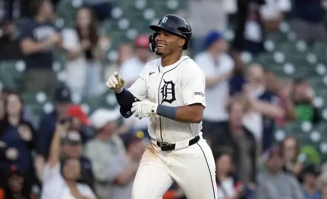 Detroit Tigers' Wenceel Pérez rounds the gases after his two-run home run during the fifth inning in the second game of a baseball doubleheader against the St. Louis Cardinals, Tuesday, April 30, 2024, in Detroit. (AP Photo/Carlos Osorio)
